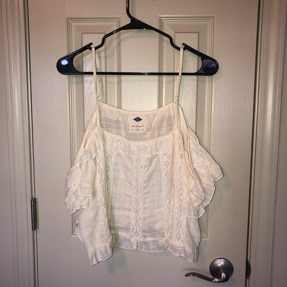 Strappy off the shoulder sleeve cream top